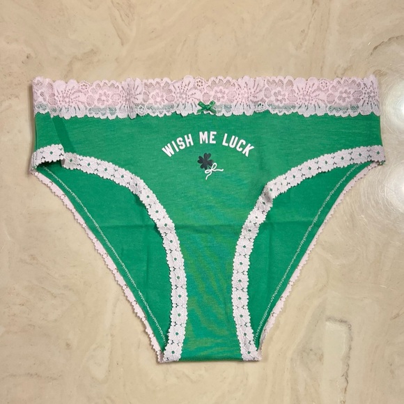 🍀VS PINK Cotton Lace Trim Scoop Bralette & Cheeky Panty Wild Green GOOD LUCK M/L - Picture 5 of 16